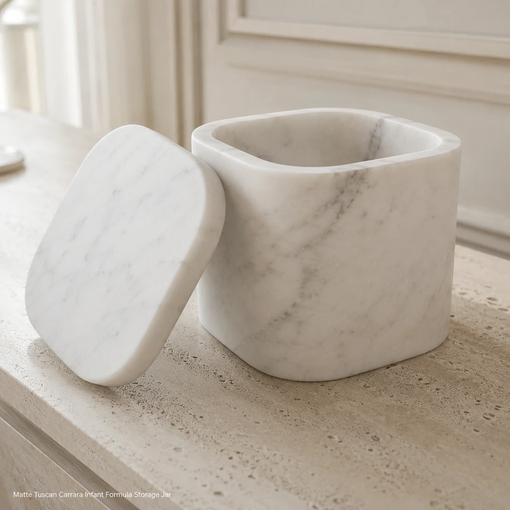 Tuscan Carrara baby formula jar on limestone console, low side view with lid beside the empty open container.