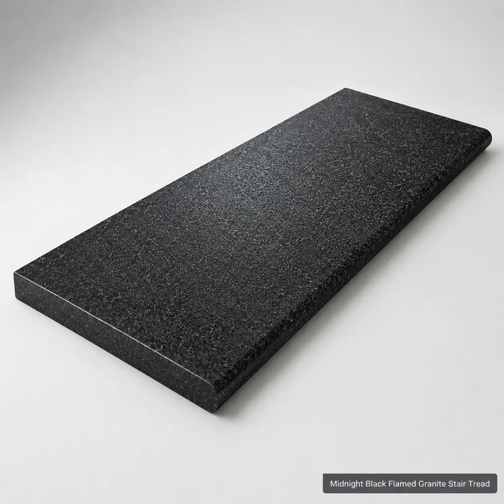 Midnight black granite stair tread with textured flamed finish