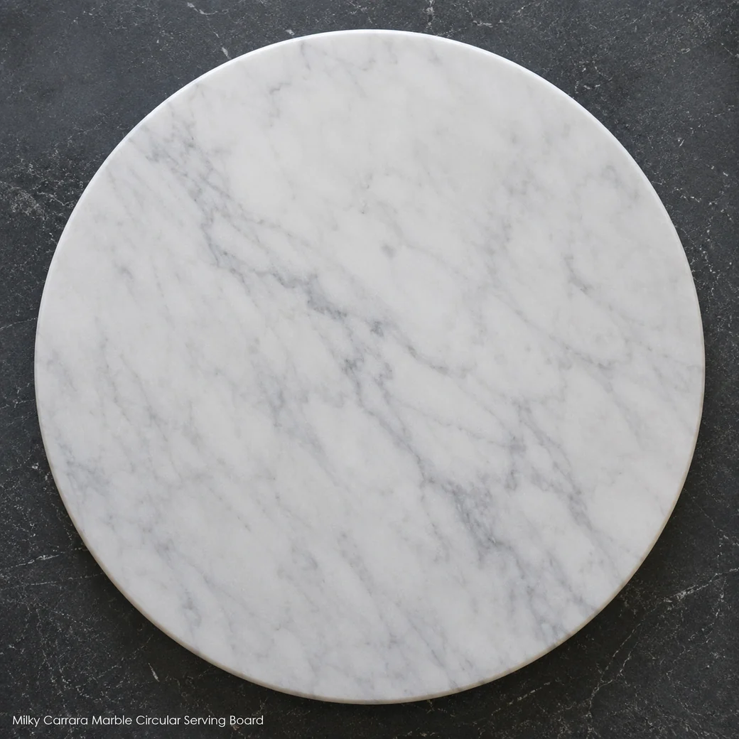 Overhead Carrara White pizza board on dark soapstone with milky white tone and soft grey veining.