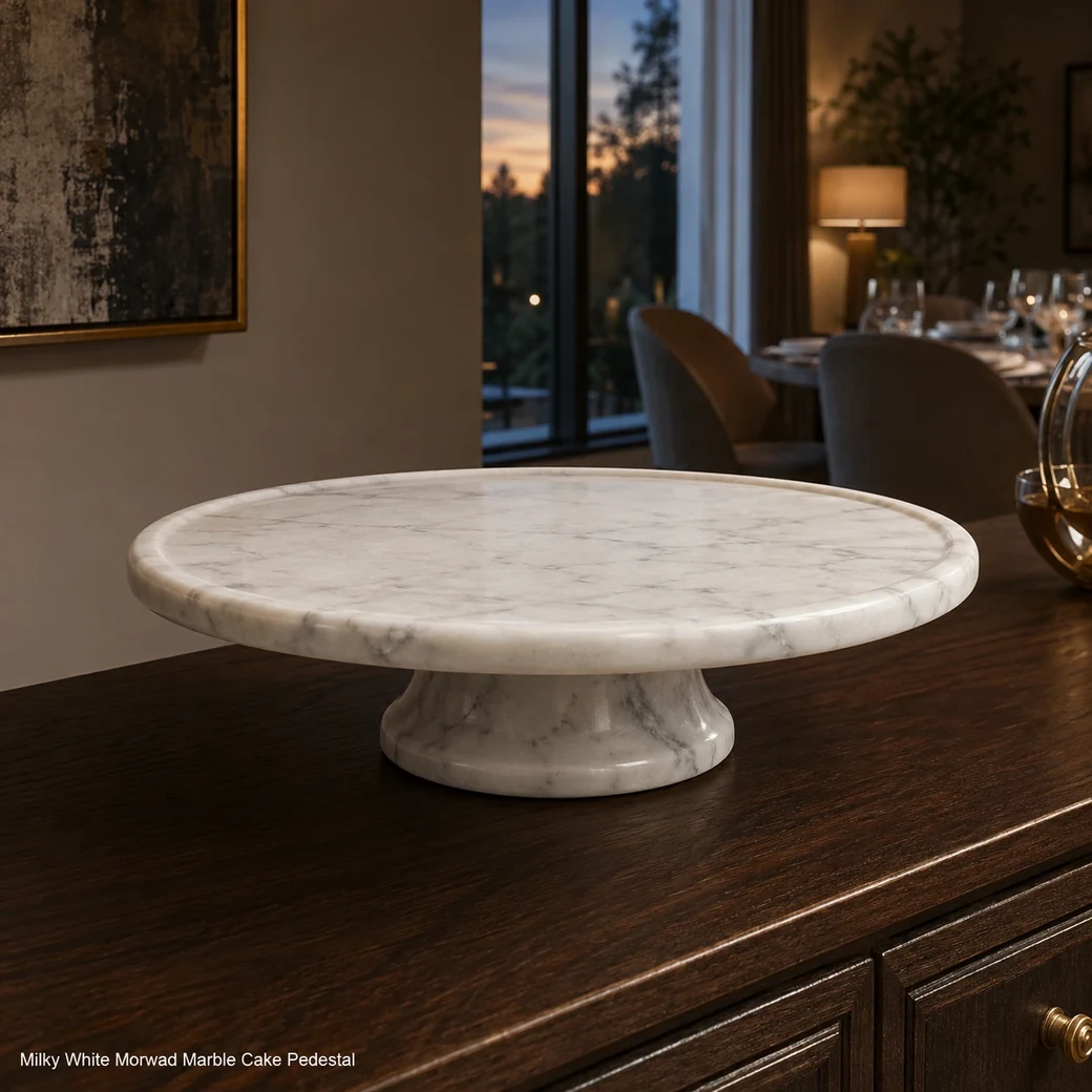 Milky white Morwad marble cake pedestal on dark walnut console, low rear view showing satin polish and grey veining.