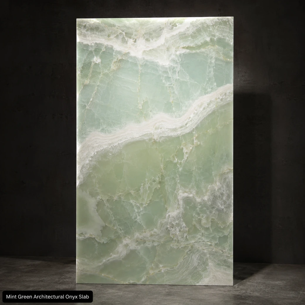 Mint green architectural onyx slab with polished milky white bands