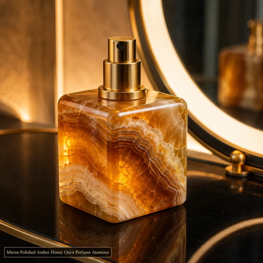Amber honey onyx perfume atomizer on black glass table, low close view glowing through translucent bands and brass top.