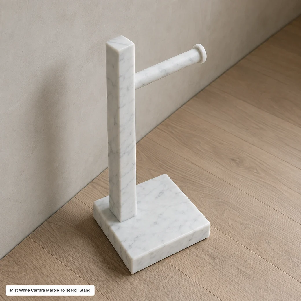 Mist white Carrara toilet roll stand on oak flooring, rear elevated view showing base, upright and empty arm