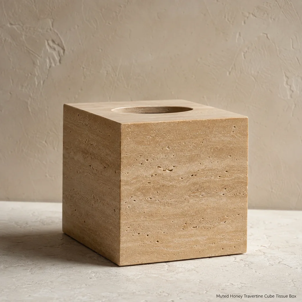 Muted honey travertine cube tissue box on pale pedestal, low upward view showing matte finish and oval opening.