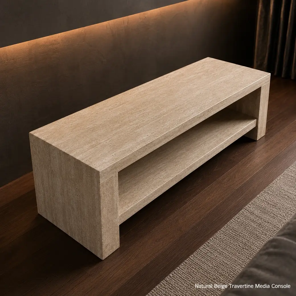 Natural beige travertine media console in a dark lounge, high rear view showing top depth and empty storage