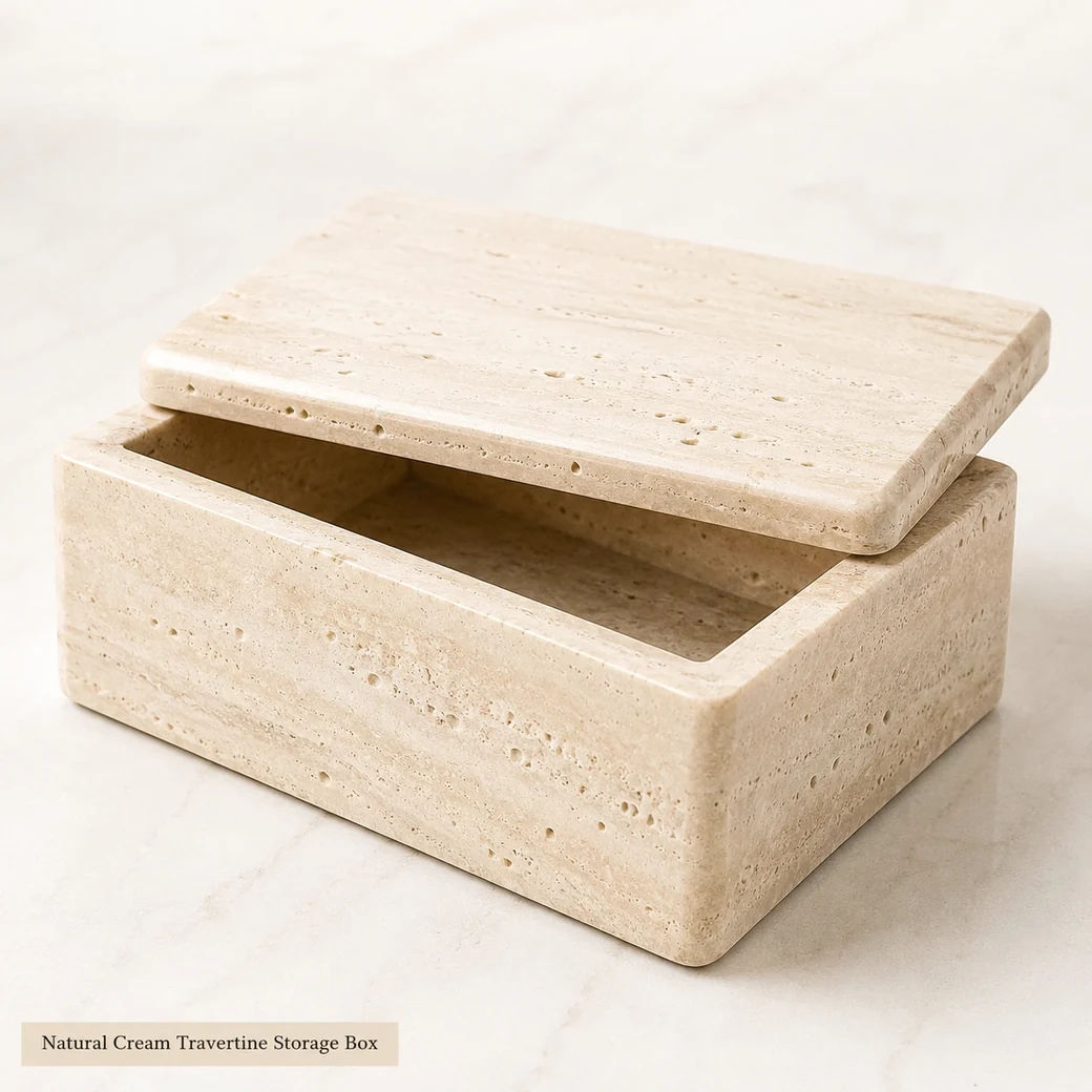Natural cream ivory travertine storage box with polished stone finish and fitted lid