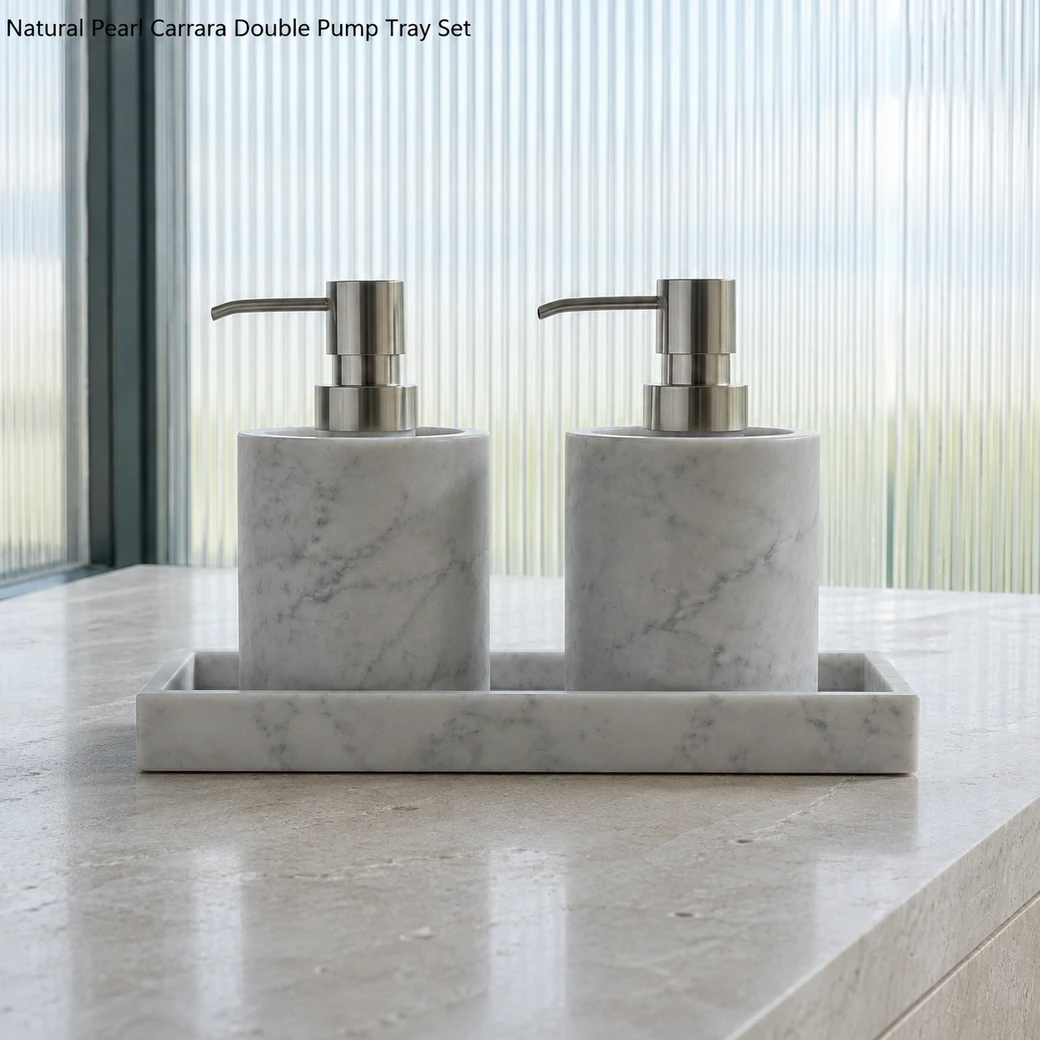 Pearl Carrara kitchen soap set on travertine island, side view showing twin pumps and matching stone tray profile.
