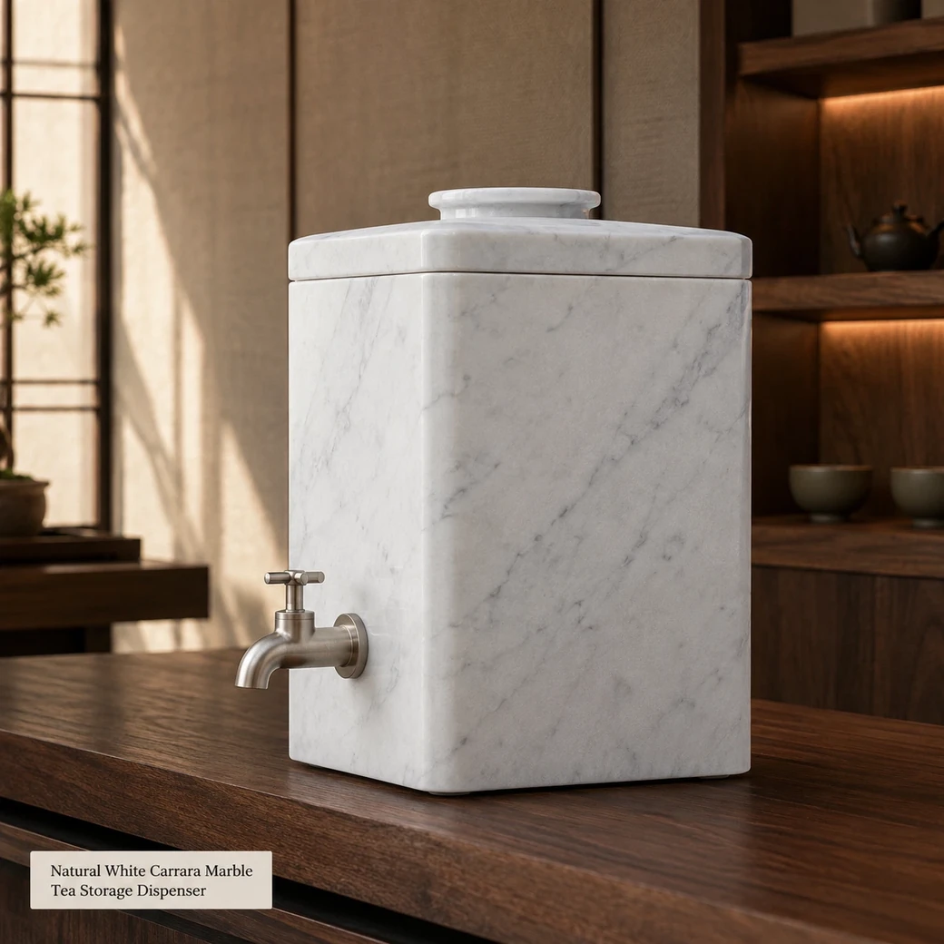 Natural white Carrara tea server in a walnut tea lounge, low side view showing depth, lid and metal tap
