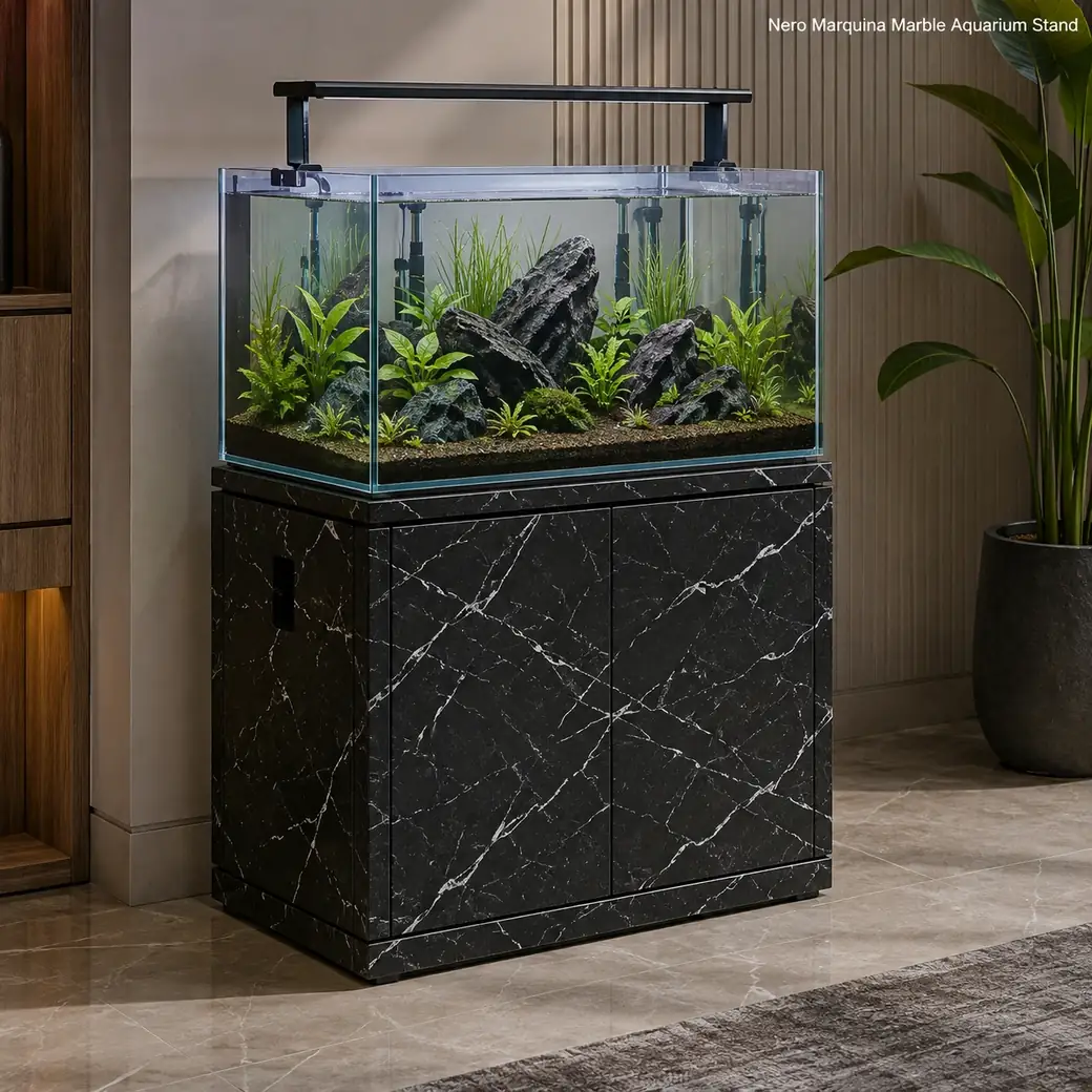 Polished Nero Marquina aquarium stand supporting a filled tank with concealed filter and cable access.