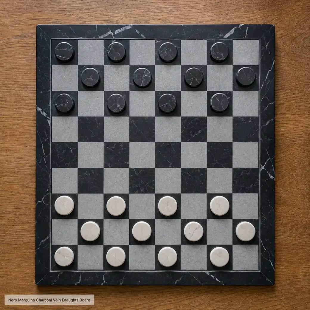 Top-down Nero Marquina draughts set on oak with charcoal stone, white veins and satin finish