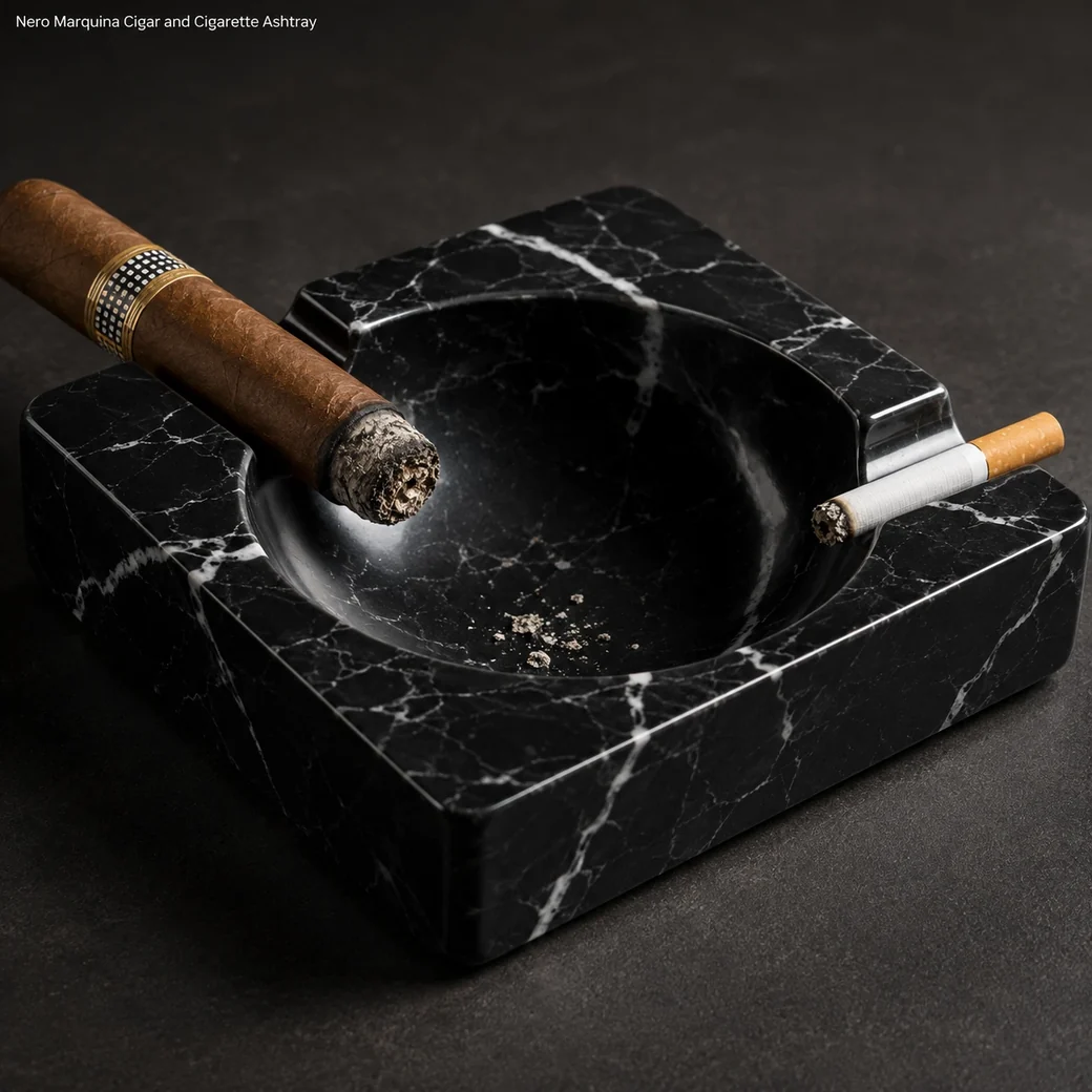 Glossy Nero Marquina marble ashtray with separate cigar and cigarette rests