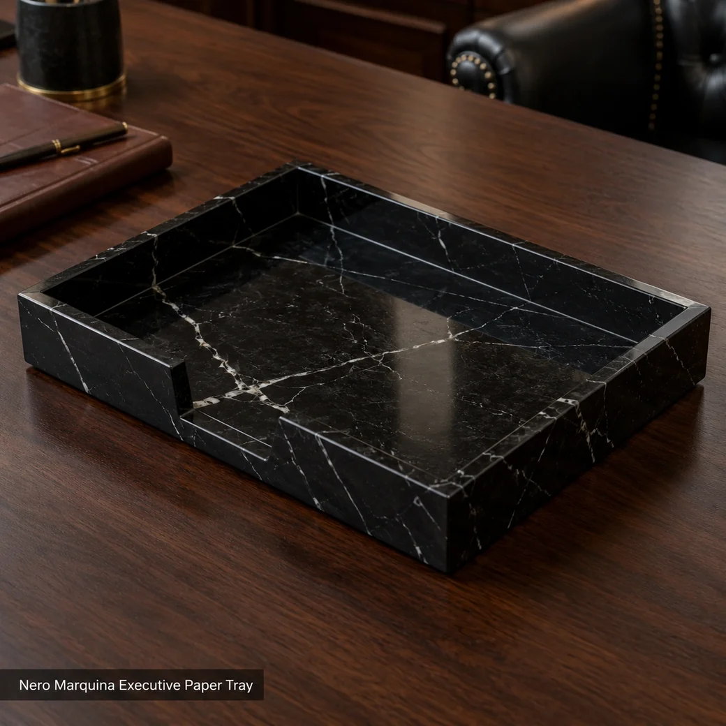Nero Marquina A4 paper tray in jet black limestone with fine ivory-white veining and polished finish.