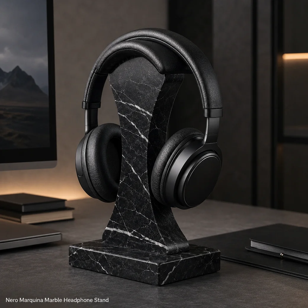 Nero Marquina headphone stand holding over-ear headphones on a padded curved support above the stone base.