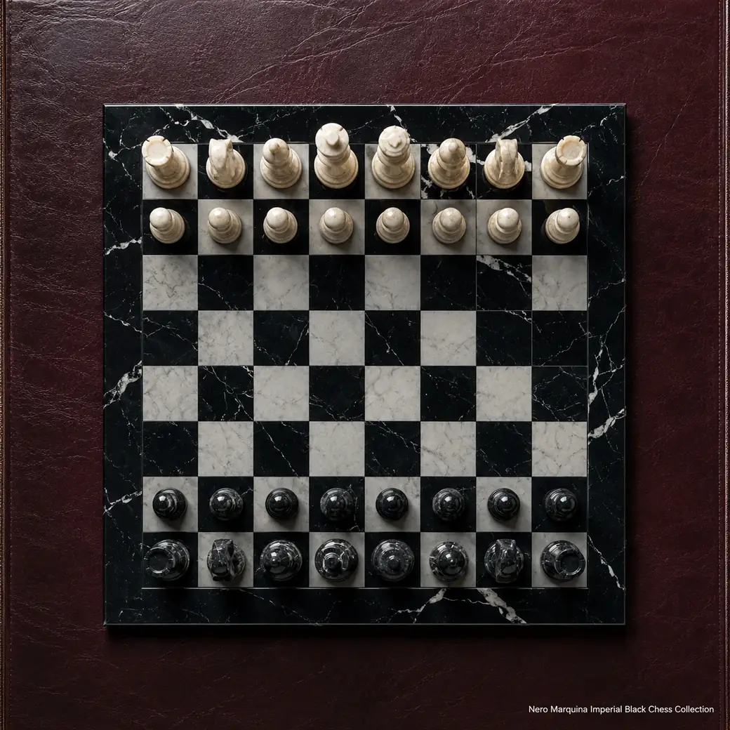 Overhead Nero Marquina chess set on oxblood leather with polished black board and white veining