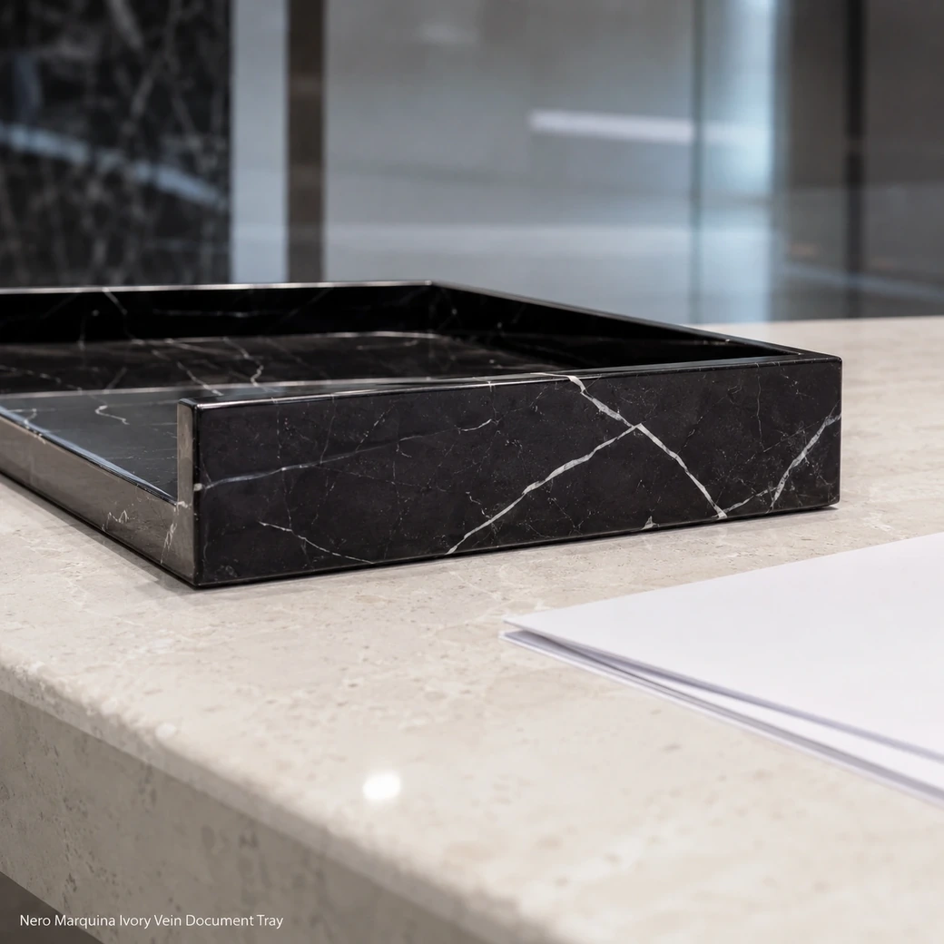 Side-rear Nero Marquina document tray on pale stone, highlighting polished walls and ivory vein continuity.