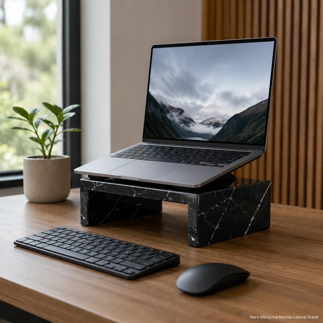 Nero Marquina laptop stand elevating an open laptop above a desk with external keyboard and mouse.