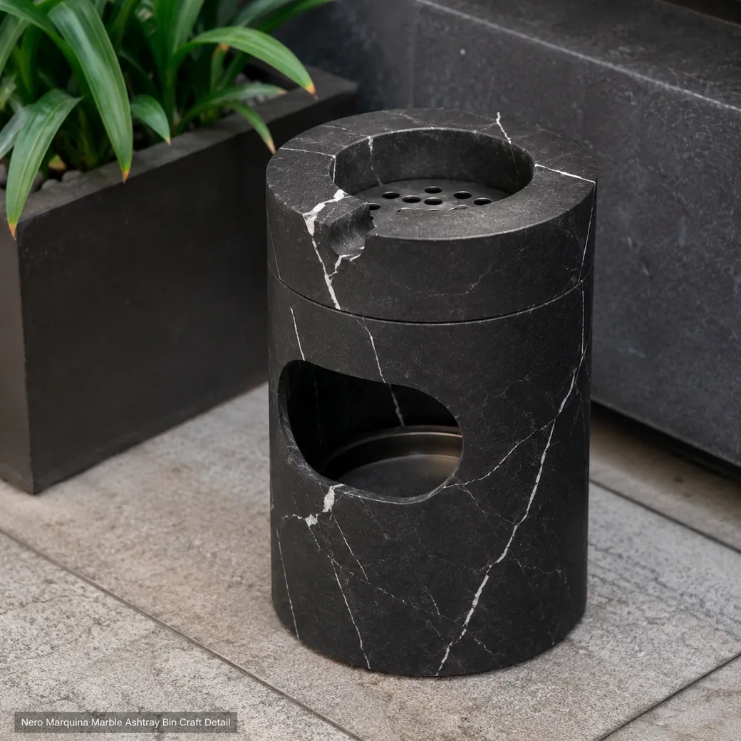 Brosso matte Nero Marquina ashtray bin with rich black stone, bright white veins and standing form