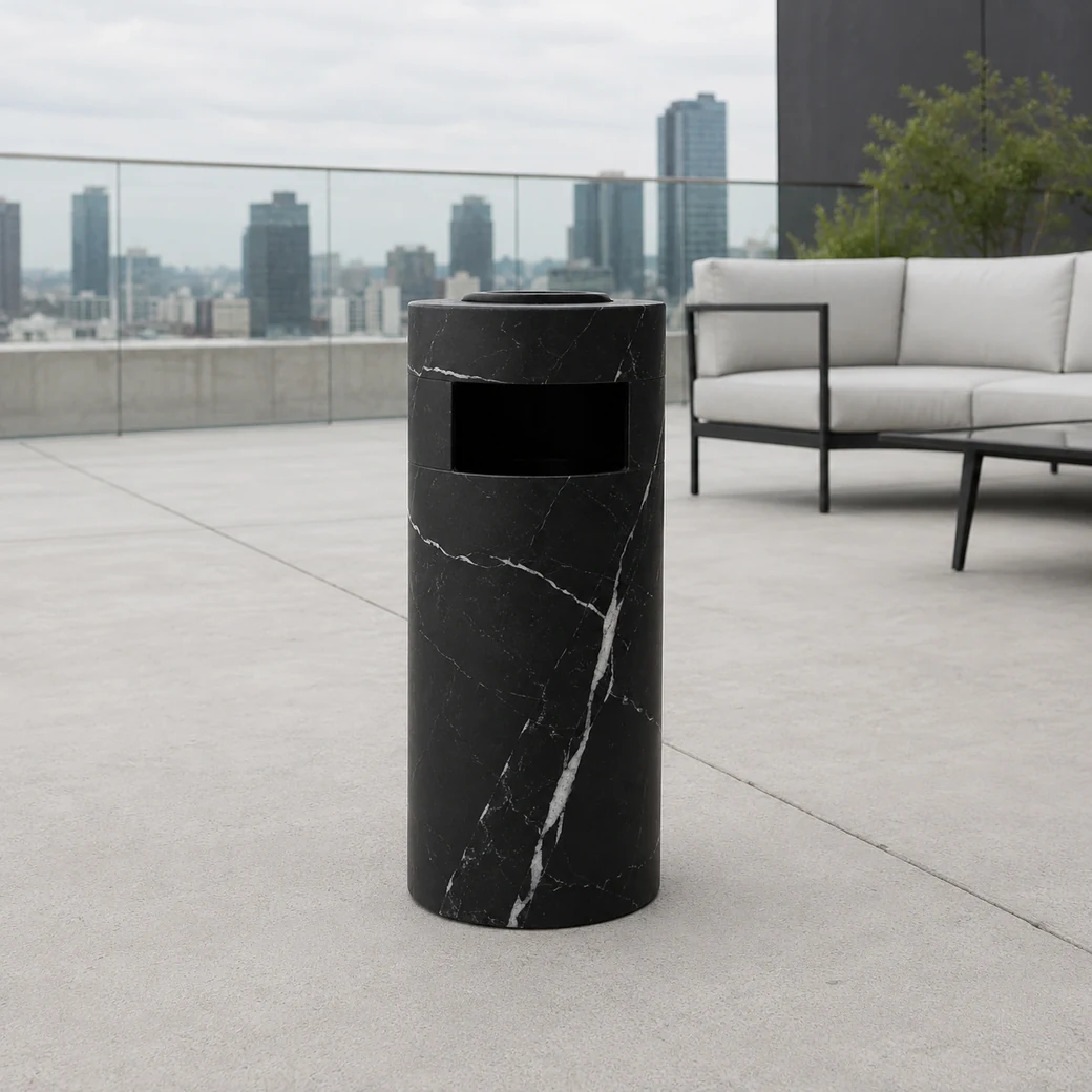 Side-view Nero Marquina smoking bin on a rooftop with bright white veining and matte black texture.