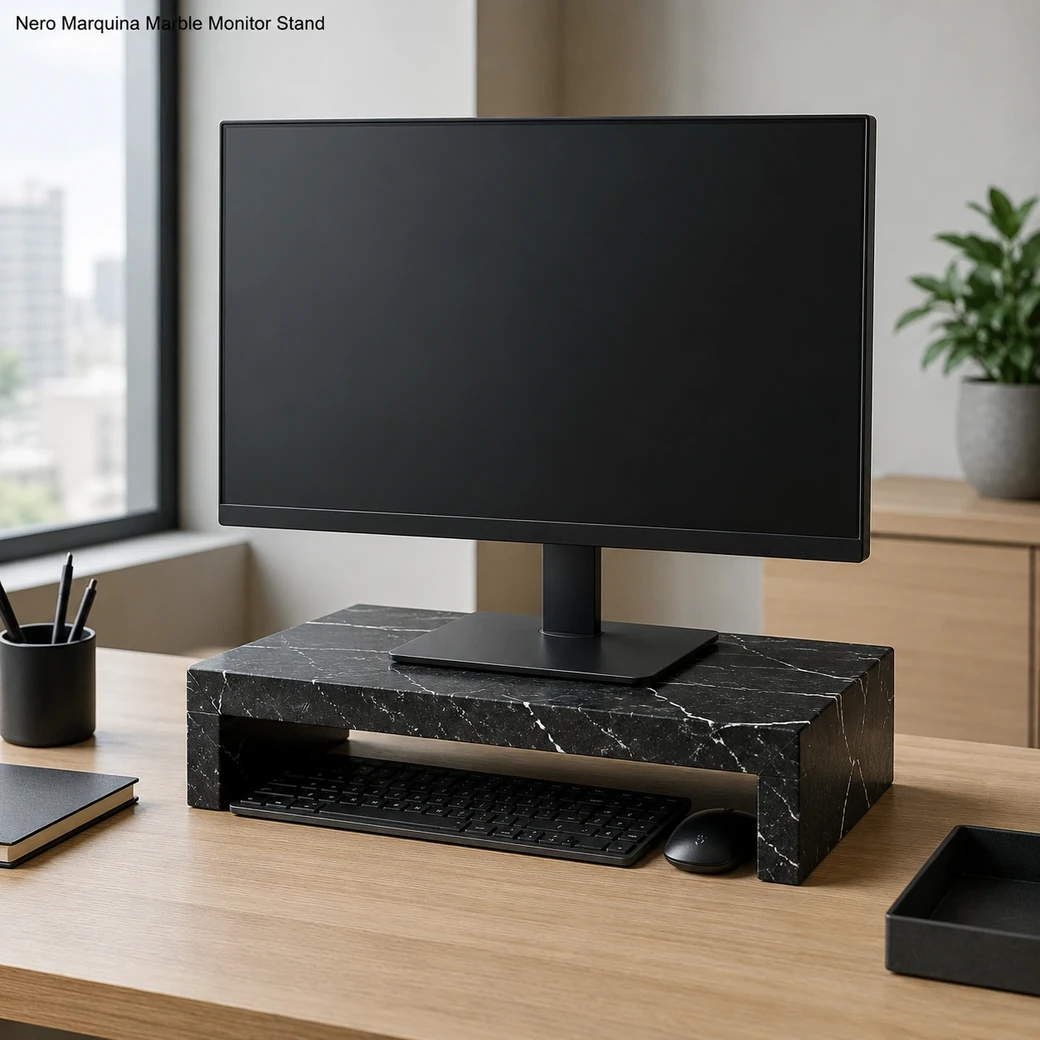 Nero Marquina monitor stand raising a desktop screen with keyboard storage space beneath the stone riser.