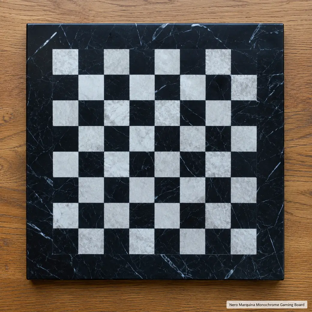 Top-down empty Nero Marquina chessboard on oak with matte black squares and crisp white veining