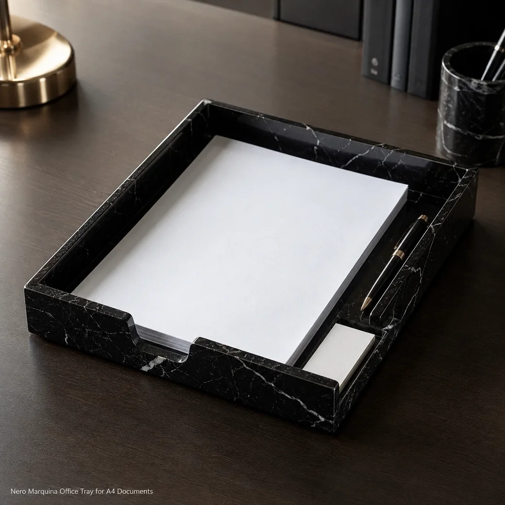 Jet-polished Nero Marquina office tray sized for A4 papers with ebony-black stone and white veining