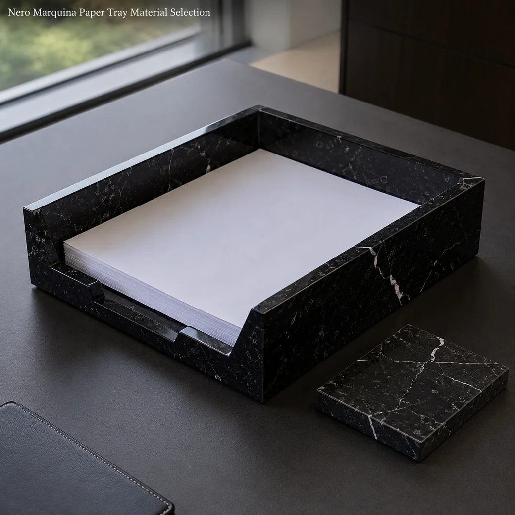 Deep-polished Nero Marquina paper tray with jet-black stone, fine ivory veins and A4-ready format