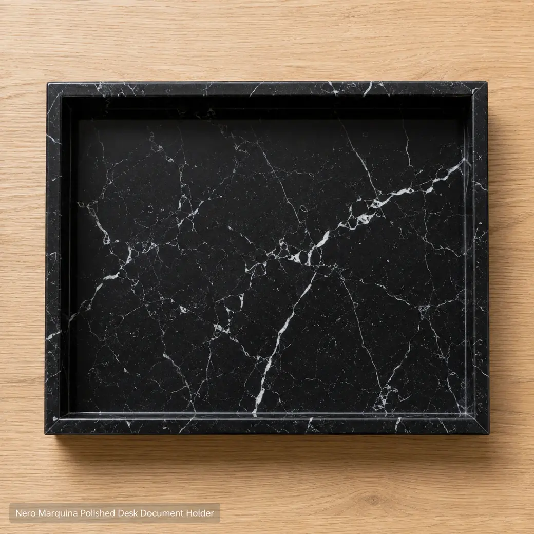 Overhead Nero Marquina document tray on pale oak with jet-black polish and ivory-white veins.
