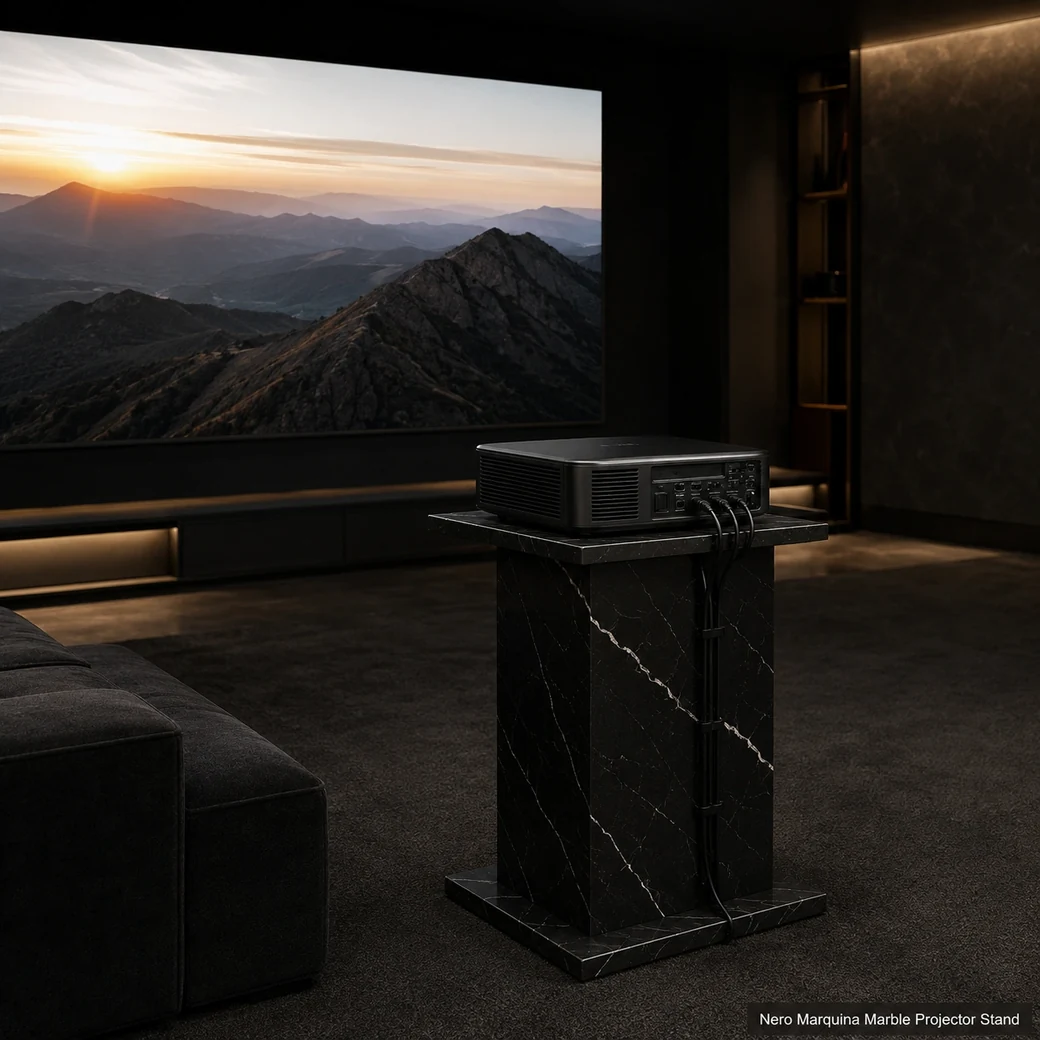Nero Marquina projector stand holding a ventilated projector with neatly routed cables in a home cinema.