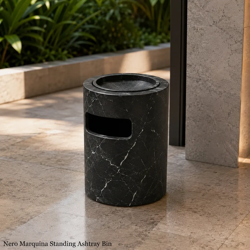 Nero Marquina standing ashtray bin in rich black limestone with bright white veining and matte finish.