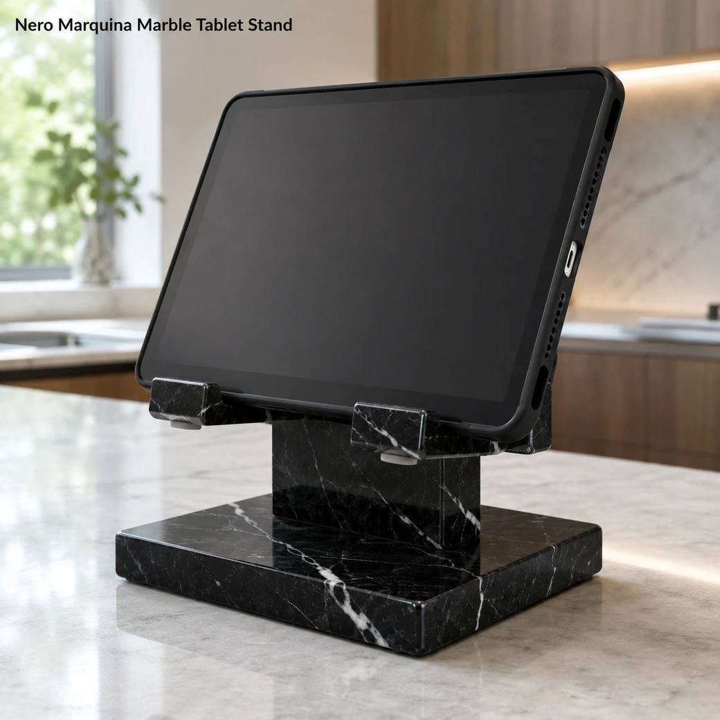 Polished Nero Marquina tablet stand holding a tablet in landscape mode with padded contact points.