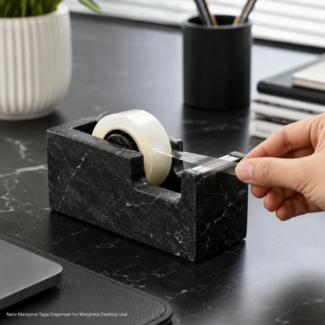 Nero Marquina stone tape dispenser with clear tape roll, metal cutter and weighted black veined base.