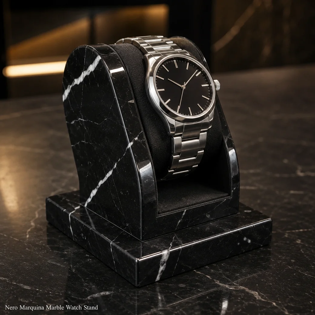 Mirror-polished Nero Marquina watch stand with a luxury watch resting on a soft padded curved support.