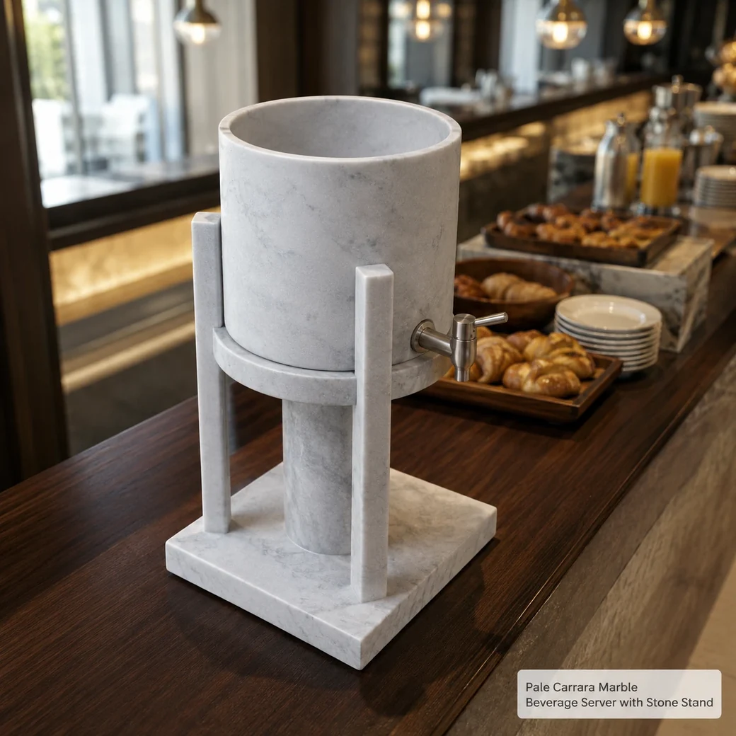 Pale Carrara beverage server on a hotel buffet, high rear view highlighting stone stand and steel spigot