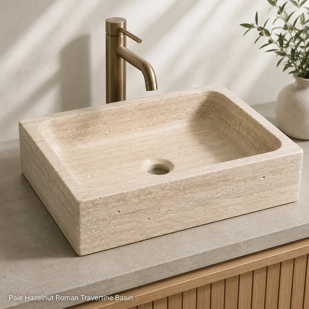Roman travertine basin in pale hazelnut beige with filled pores and honed finish