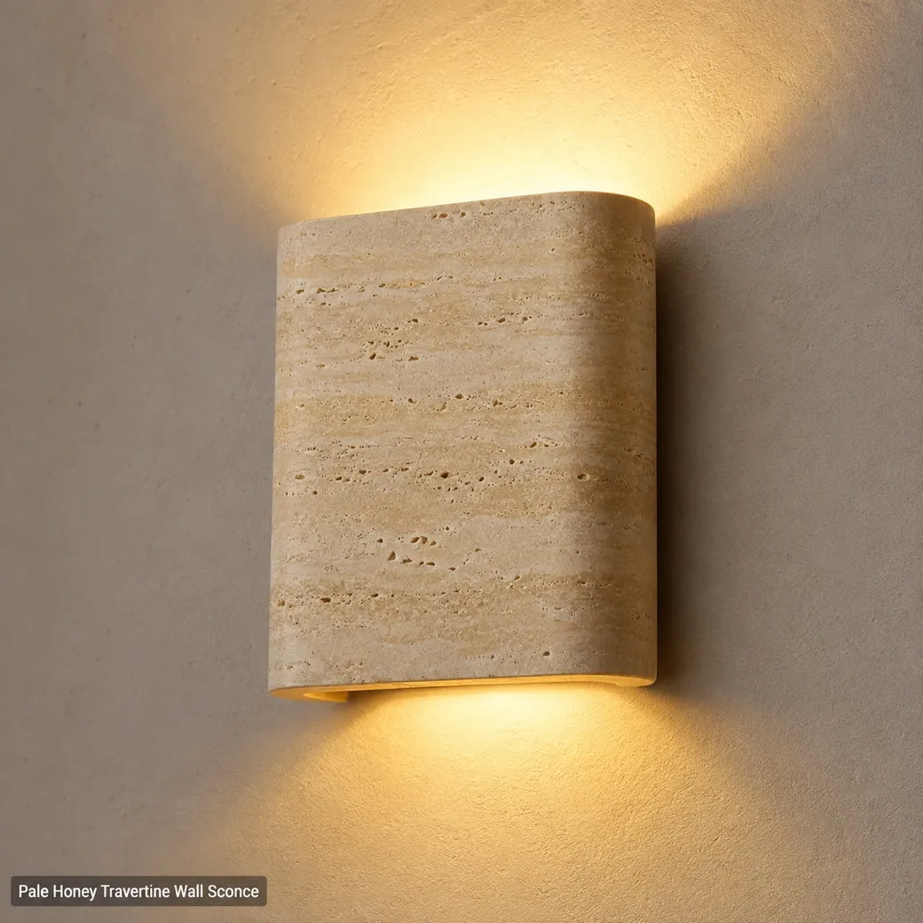 Pale honey travertine wall sconce with sanded finish and warm up-down lighting