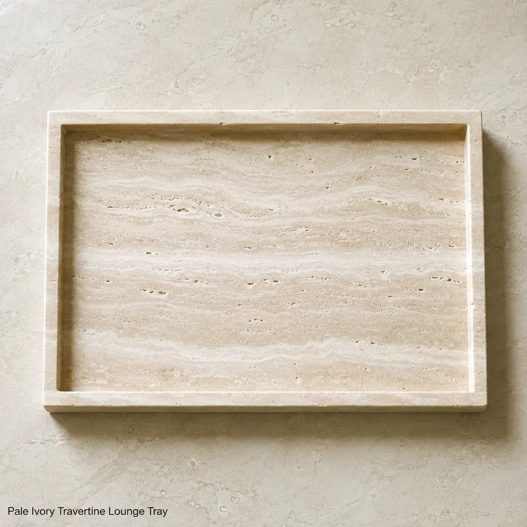 Overhead Classico Travertine coffee tray on pale limestone with ivory bands and filled polished pores.