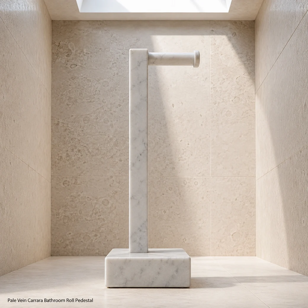 Mist Carrara toilet roll stand in limestone alcove, low front view showing square base, upright and empty arm.