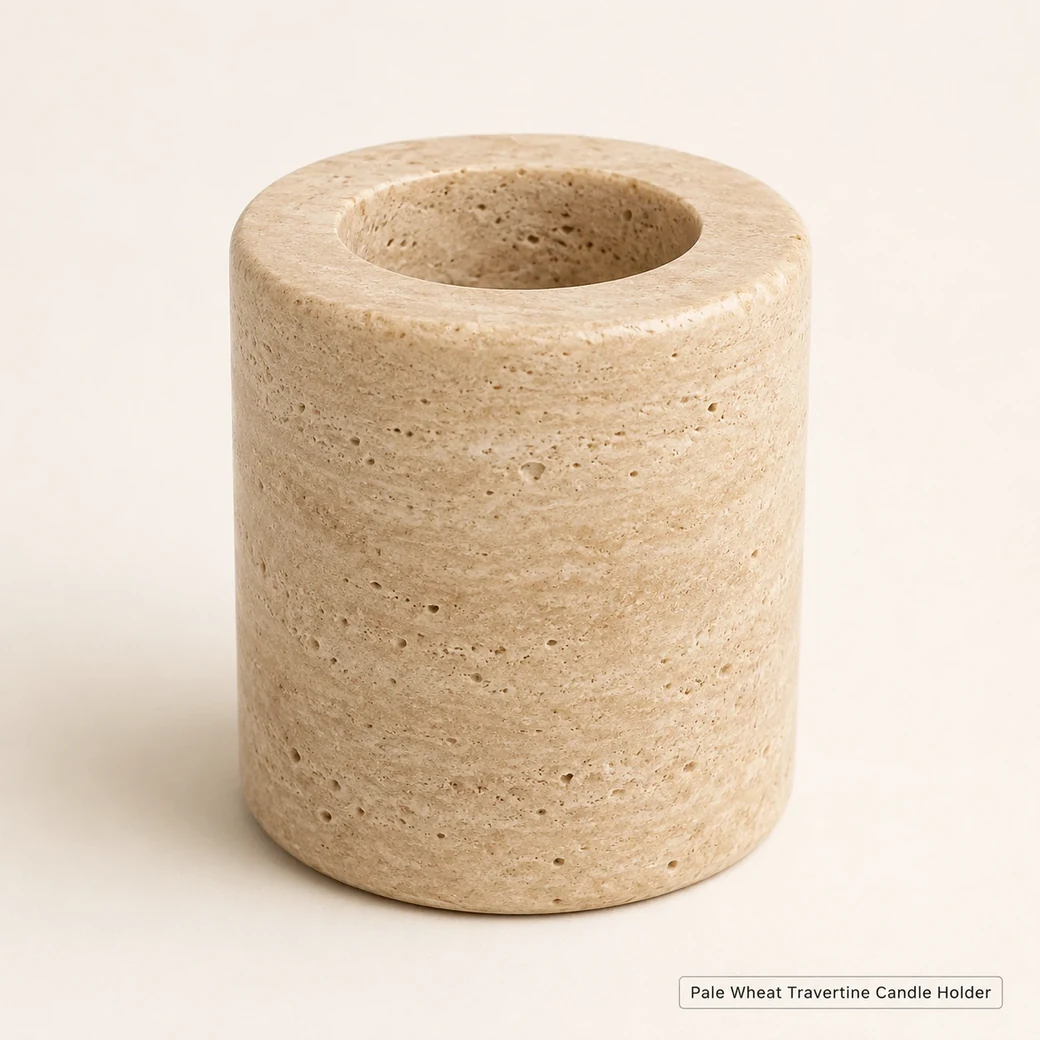Pale wheat beige travertine candle holder with brushed natural texture