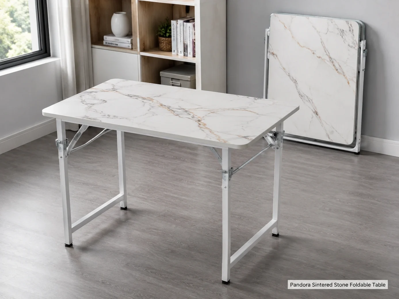 Matte Pandora sintered stone foldable table shown open on a locked folding metal frame.