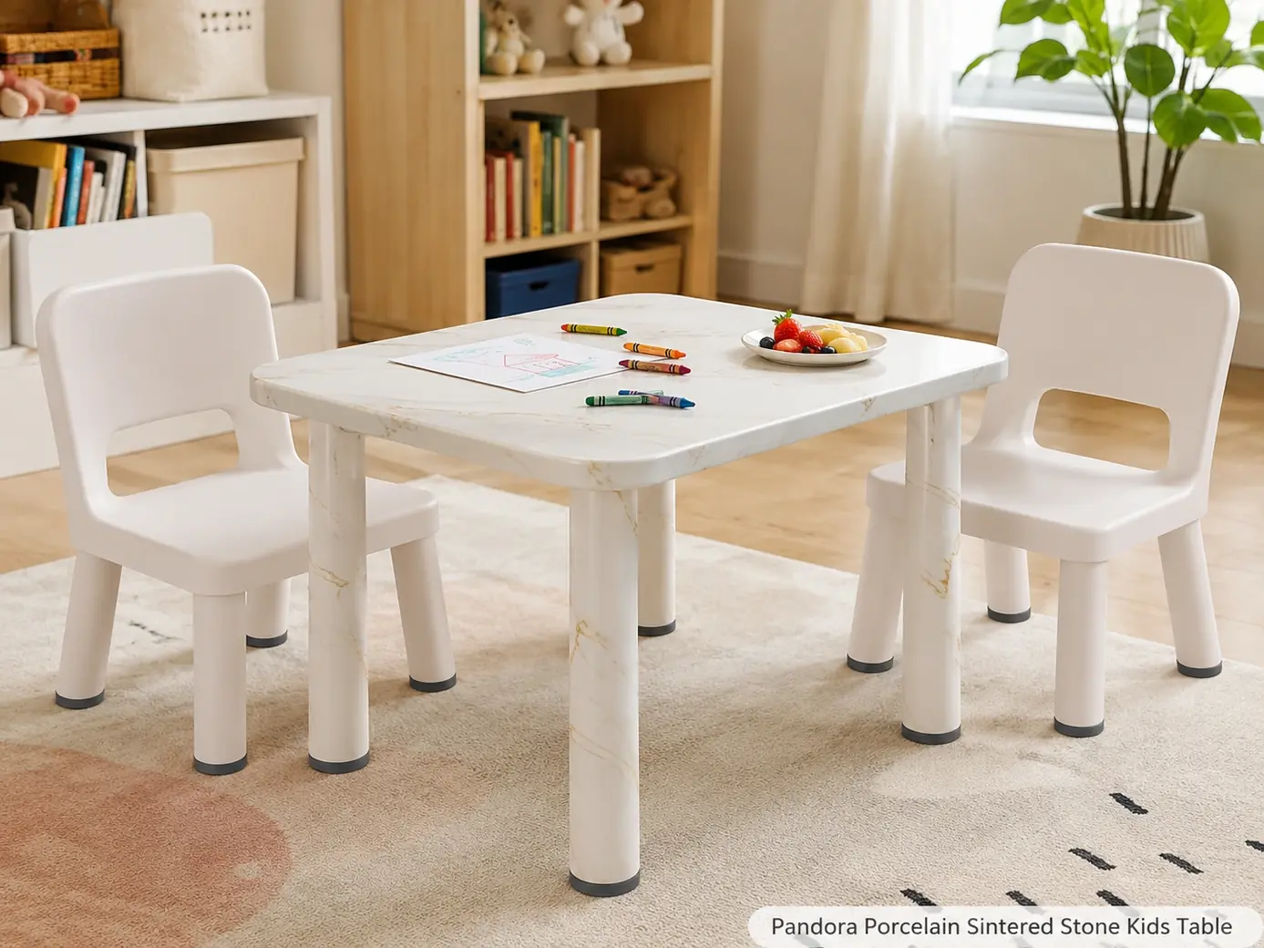 Matte Pandora sintered stone kids table with rounded corners, child chairs, crayons and a snack plate.