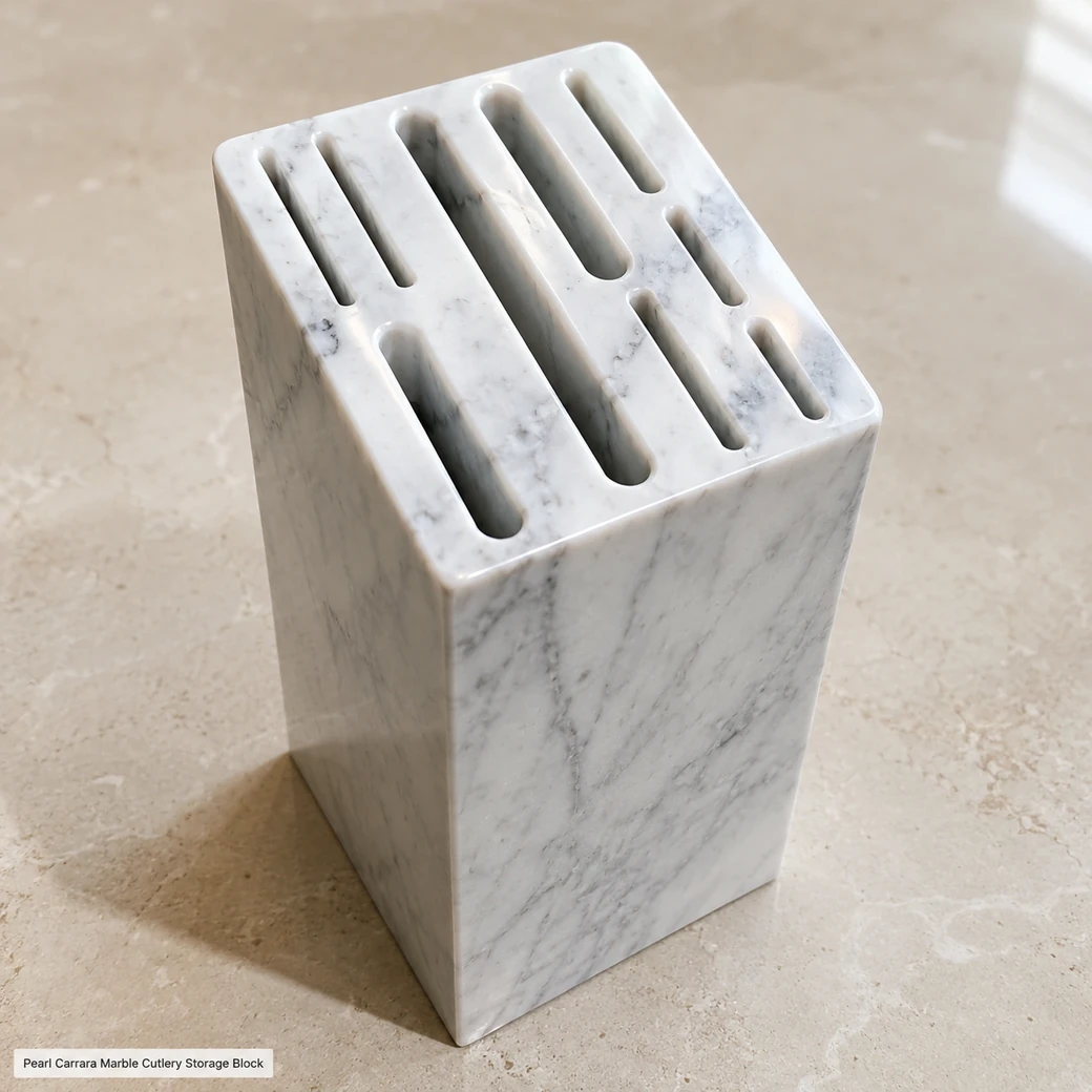 Top-front Carrara knife block on limestone with pearl white polish, silver-grey veins and empty slots.