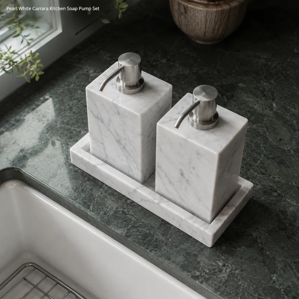 Pearl Carrara kitchen pump set on dark green stone, overhead view of twin bottles seated on a matching tray