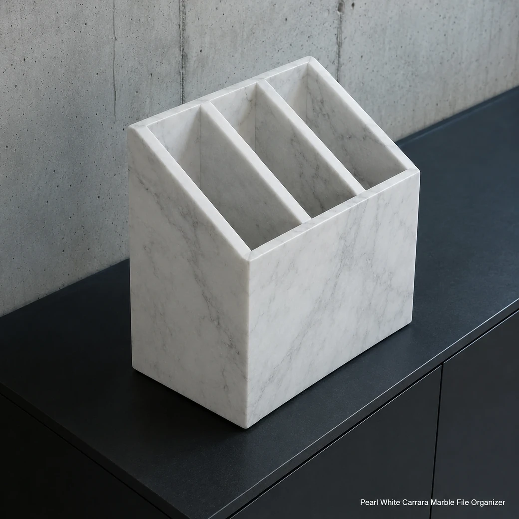 Pearl Carrara file organizer on black credenza, high rear view showing empty A4 compartments and satin grey veining.