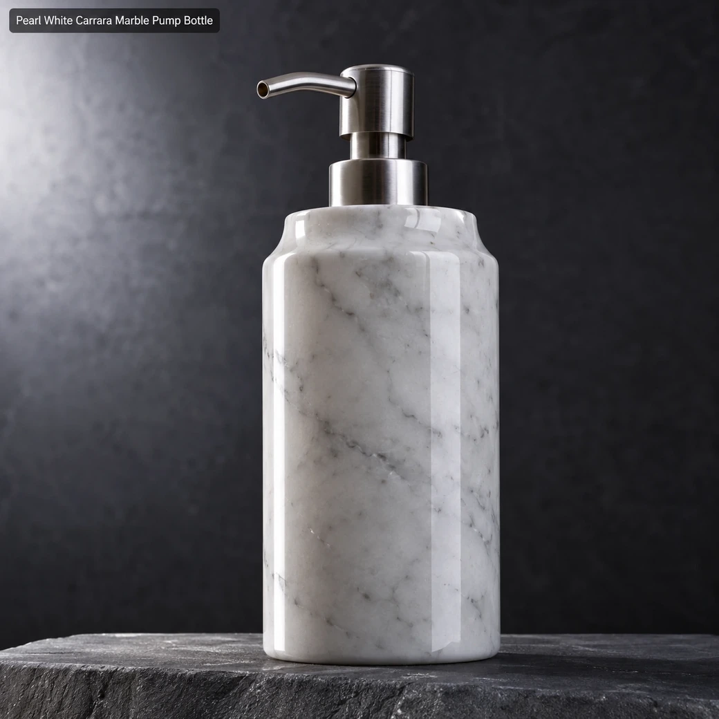 Pearl white Carrara pump bottle on a charcoal pedestal, low close view with mirror highlights and metal pump