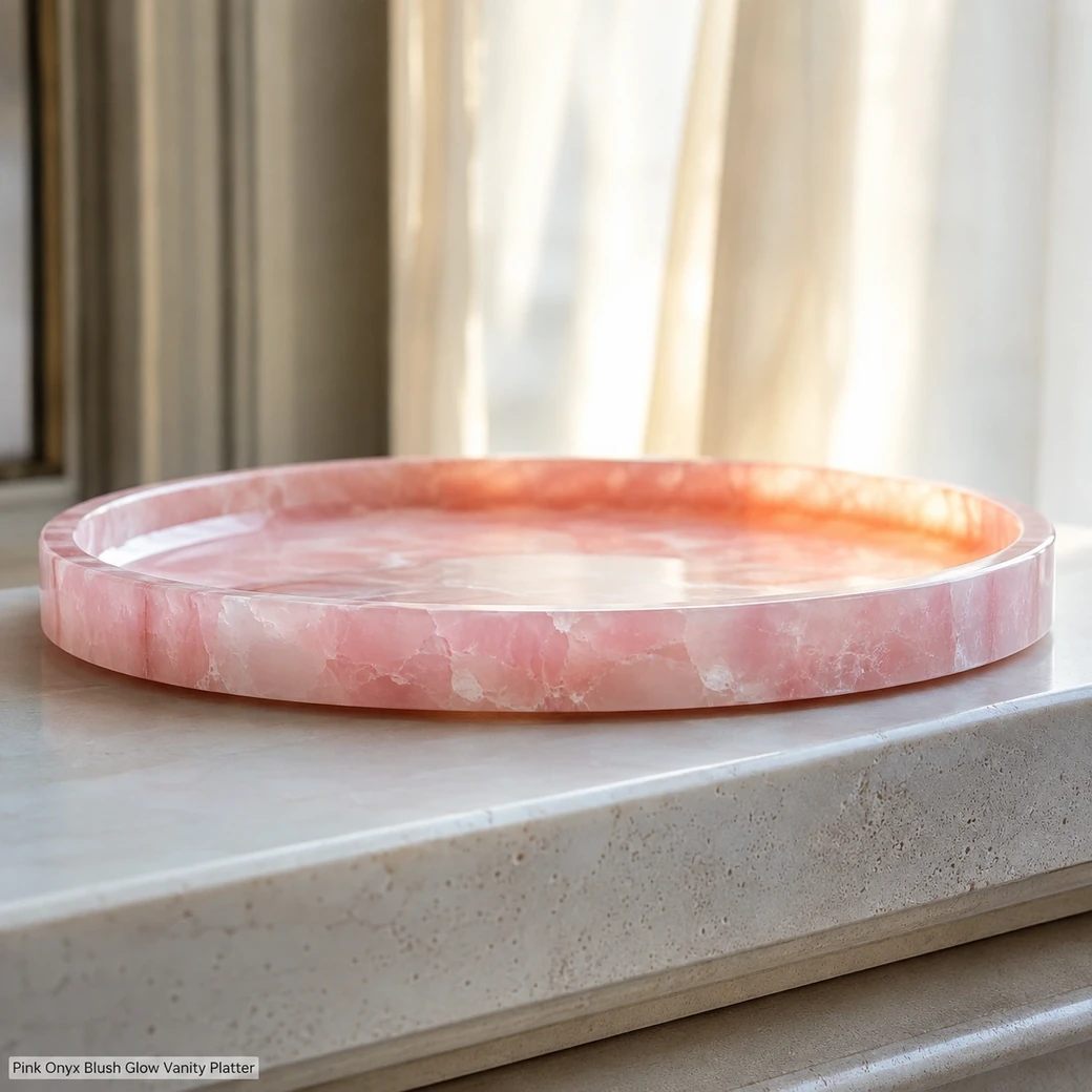 Low side view of blush Pink Onyx vanity tray on ivory pedestal, showing its 2 cm polished rim and softly backlit stone edge.