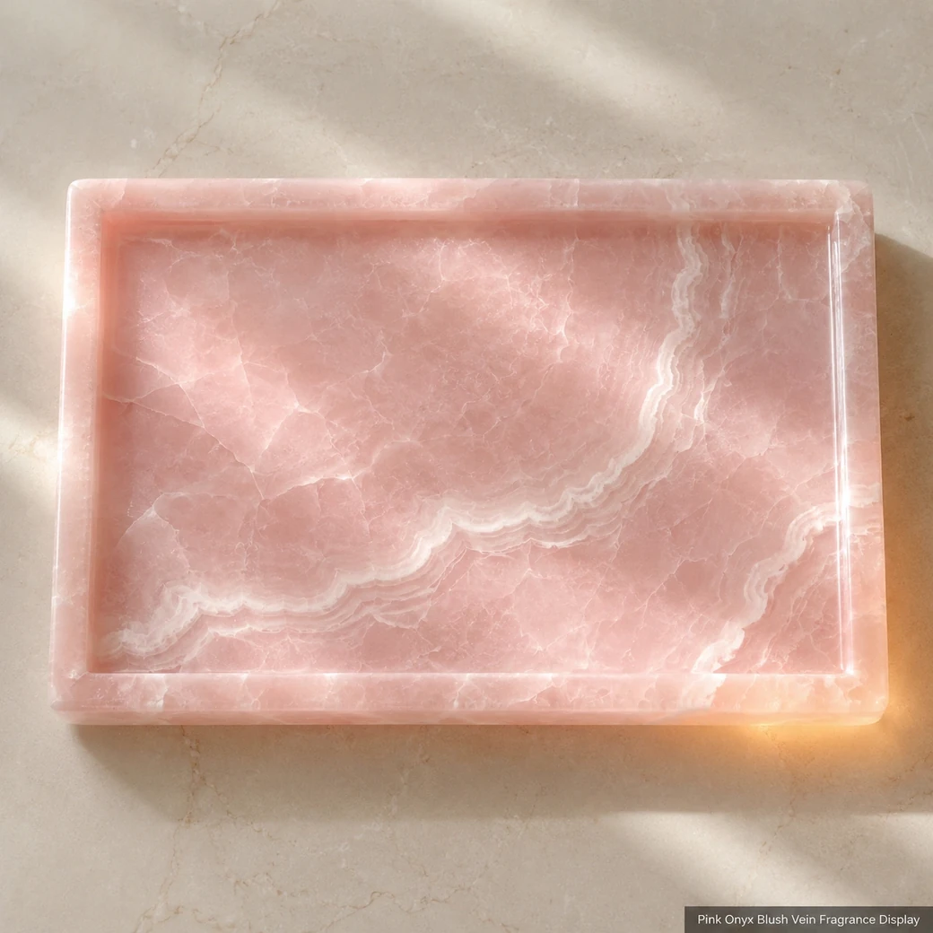 Overhead blush Pink Onyx perfume tray on pale cream, showing white mineral bands, polished rim and subtle corner glow.