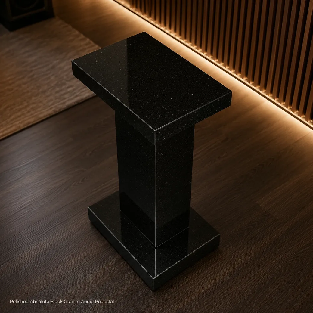Absolute Black granite audio pedestal in a listening room, high rear view showing polished top, column and base