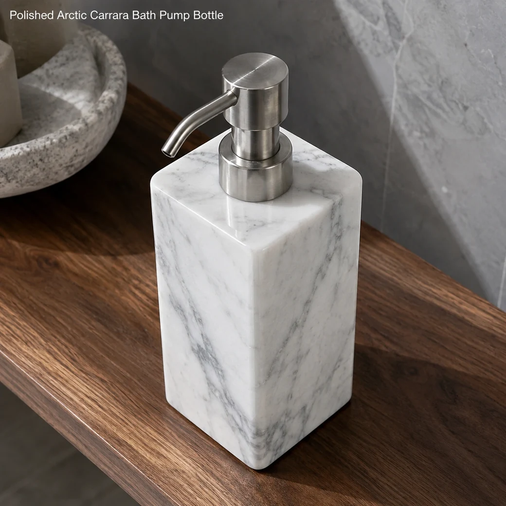 Arctic Carrara shampoo pump on walnut shelf, high front view revealing polished veins, square body and pump top.