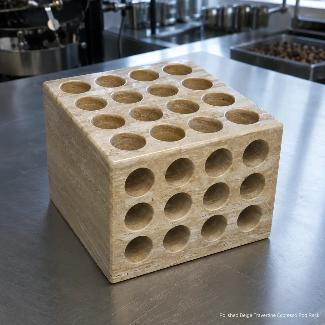 Honey beige travertine pod rack on brushed steel, high rear view showing empty capsule wells and polished bands.
