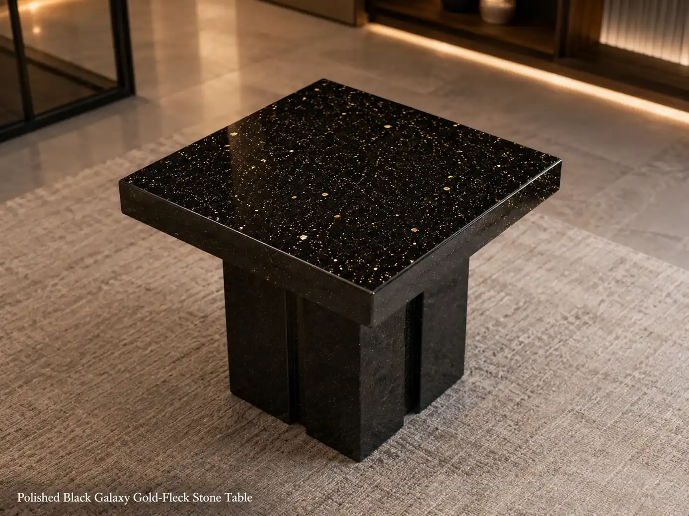 Polished Black Galaxy granite table viewed from above in a lounge, highlighting its gold-flecked top